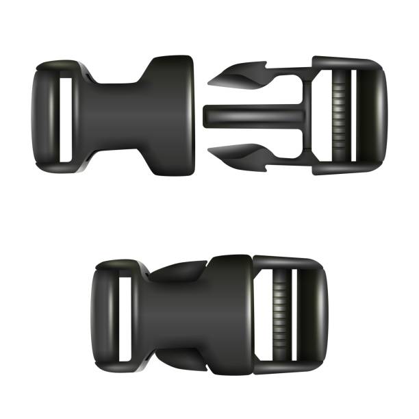 Vector realistic black dual quick release buckle, closed and opened. Isolated on white background. Vector 3d realistic black dual quick release buckle, closed and opened. Isolated on white background. buckle stock illustrations