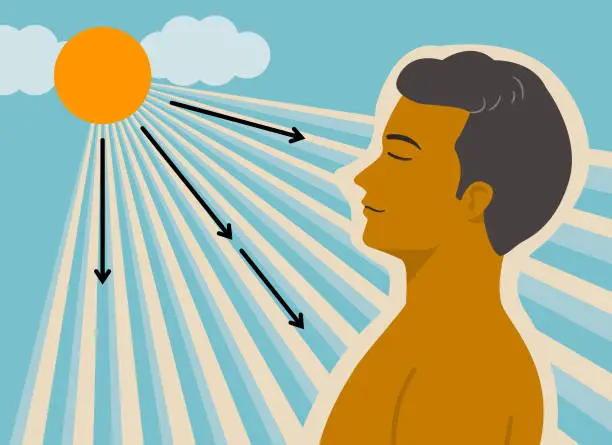 Vector illustration of A tan skin man under the sunshine for get more vitamin D from the sun light, healthy lifestyle concept. flat vector illustration.