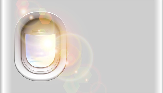 3d realistic vector airplane window with sun light and copy space for your advertisement. Isolated on white background.