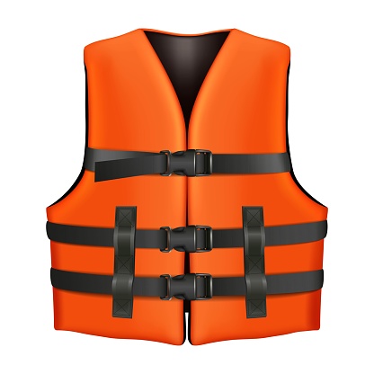 3d realistic vector orange life vest with black buckles. Isolated illustration icon on white background.