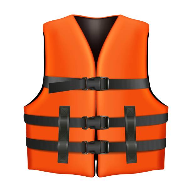 realistic vector orange life vest with black buckles. Isolated illustration icon on white background. 3d realistic vector orange life vest with black buckles. Isolated illustration icon on white background. life jacket stock illustrations