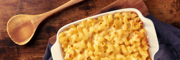 istock Macaroni and cheese pasta in a casserole panorama, overhead flat lay shot 1469963537