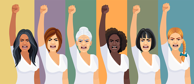 Multi-ethnic group of women with clenched female fists triumphantly supporting women's rights.