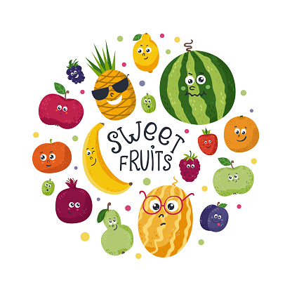 Funny kawaii fruits in a circle. Vector illustration for greeting cards, baby invitations and t-shirts