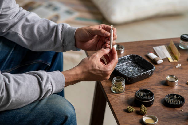 istock Young Asian man rolling a marijuana joint at home. 1469968337