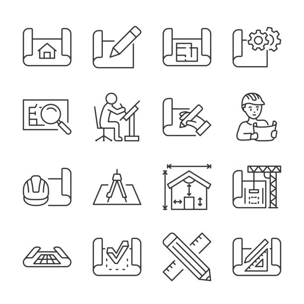 engineering drawing icons set. blueprint, linear icon collection. construction, technical project. draft sketches. line with editable stroke - tasarımcı stock illustrations