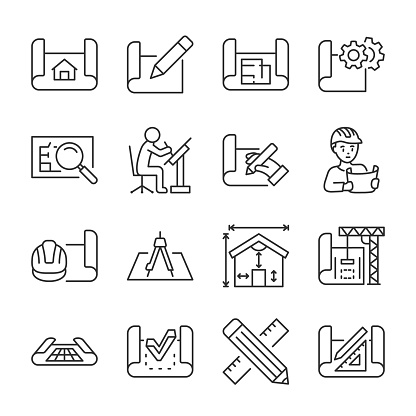Engineering drawing icons set. Blueprint, linear icon collection. Construction, technical project. Draft sketches. Editable stroke