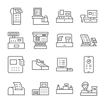Cash register icons set. automated money handling system, linear icon collection. device for registering and calculating transactions at a point of sale. print out receipt. Editable stroke