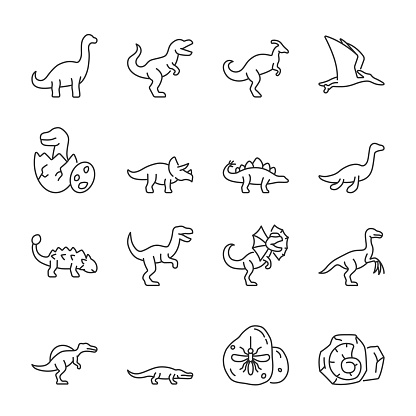 Dinosaurs icons set. Lizards of ancient times, linear icon collection. Reptiles of Mesozoic era. Tyrannosaurus, sauropod, velociraptor, stegosaurus, triceratops etc. Editable stroke