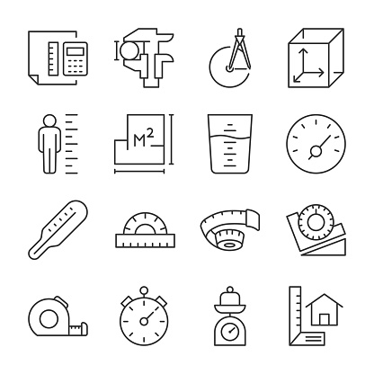 Measurement icons set. Measure, size of objects, Length, width, depth. Instruments for accurate measurement and drawing work, linear icon collection. Editable stroke