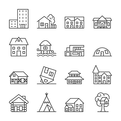 Houses of various shapes icons set. Building with for living, linear icon collection. Multi-story and single-story private homes. Editable stroke