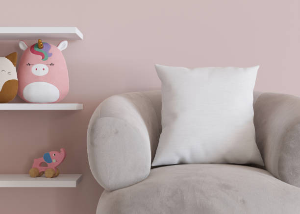 istock White square pillow in kids room. Blank cushion case template for your graphic design presentation. Pillow cover mock up for print, pattern, personalized illustration. Close-up. 3D rendering. 1469968771