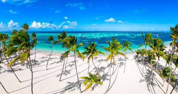 Aerial panorama of white sand Bavaro beach with green coconut palm trees and turquoise color of the Caribbean sea. Best destinations for vacations in Dominican Republic . High quality photo