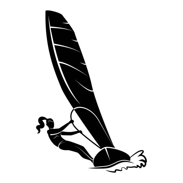 Female Windsurfing. Vector illustration in the engraving style vector art illustration