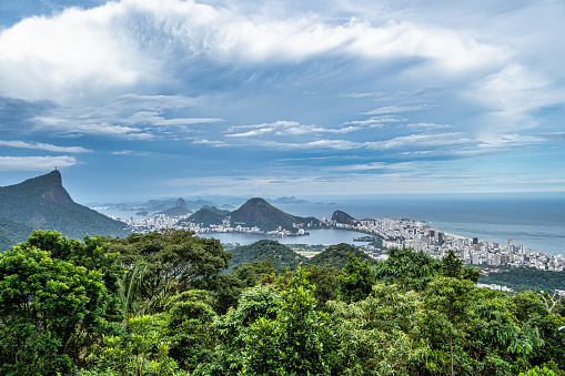 View from Vista Chinesa of Guanabara Bay, Christ Redeemer and Sugarloaf mountain in Tijuca Park, Rio de Janeiro, Brazil