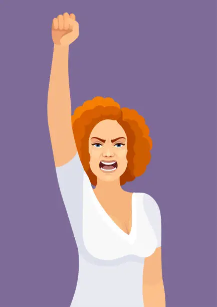 Vector illustration of The power is in your hands. Young redhead woman raising her fist.