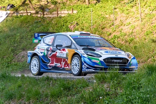 Samobor, Croatia – April 24, 2022: Ford Fiesta WRC race car at Rally Croatia in April 2021