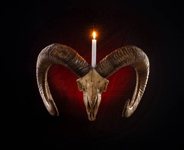 Devil pentagram with a skull of ram with a lighted candle and evil symbols