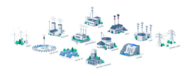 배터리 저장 전력선이 있는 격리된 전기 에너지 발전소 발전소 발전 - 공장 산업 건물 일러스트 stock illustrations