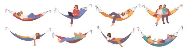 Vector illustration of Men and women resting in hammocks, people lying and relaxing. Isolated personages reading book or working on laptop. Flat cartoon, vector illustration