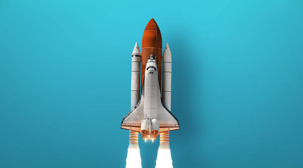 istock Space shuttle rocket on isolated blue background. Sci-fi Space art wallpaper. Place for text. Spacecraft launch from Earth. Elements of this image furnished by NASA 1469979844