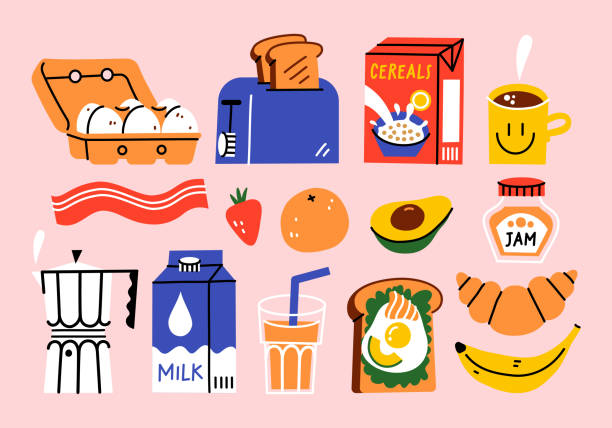 illustrazioni stock, clip art, cartoni animati e icone di tendenza di colazione sana disegnata a mano. vari cibi e bevande gustosi. - preserves croissant breakfast food