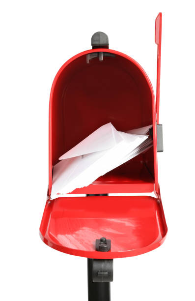istock Open red letter box with correspondence on white background 1469981727