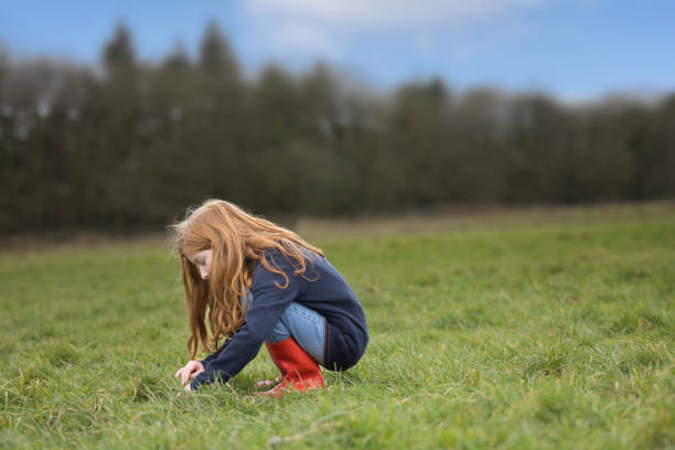 Primary age girl bug hunting in a Winter field - fotografia de stock