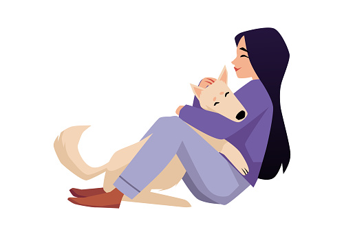 Young girl playing with dog, characters for emotional support animal and pets therapy, veterinary topics, flat vector illustration isolated on white background.
