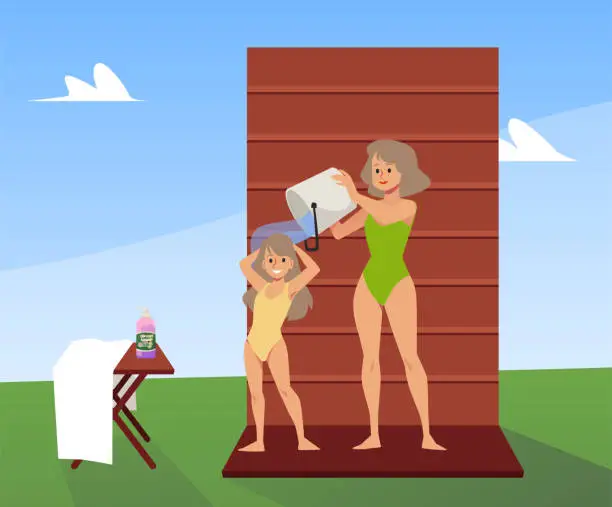Vector illustration of Mom pours cold water on daughter from bucket, hardening procedure flat style
