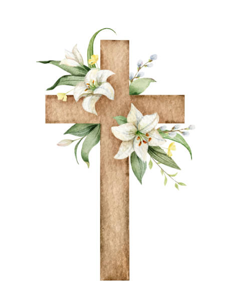 Christian vector Cross made of green leaves and white Lily flowers. Watercolor illustration for design for Easter, Epiphany, Christening, invitations, postcards, packaging. Christian vector Cross made of green leaves and white Lily flowers. Watercolor illustration for design for Easter, Epiphany, Christening, invitations, postcards, packaging. pics of a cross easter lilies stock illustrations