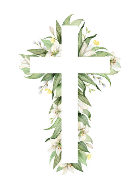 христианский вектор крест из зеленых листьев и белых цветов лилии. акварельная иллюстрация для оформления к пасхе, крещению, крестинам, при - easter backgrounds vector greeting card stock illustrations