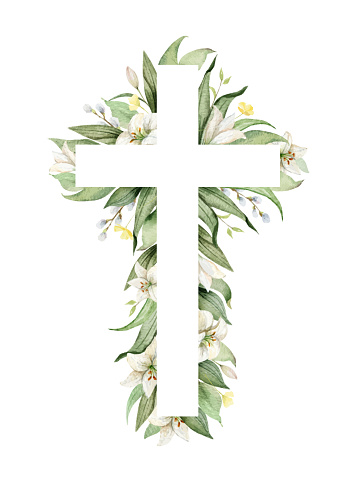 Christian vector Cross made of green leaves and white Lily flowers. Watercolor illustration for design for Easter, Epiphany, Christening, invitations, postcards, packaging.