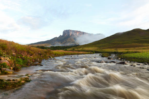 Scenic view of river flowing with Kukenan tepui in background against sky, Mount Roraima, Roraima, Bolivar State, Venezuela.