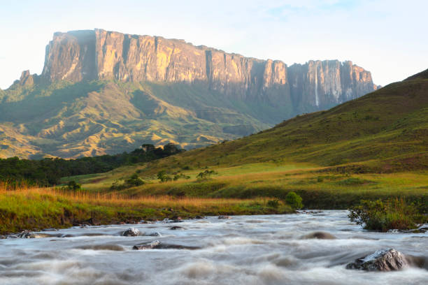 Kukenan tepui with river in foreground Scenic view of river flowing with Kukenan tepui in background against sky, Mount Roraima, Roraima, Bolivar State, Venezuela. mount roraima south america stock pictures, royalty-free photos & images