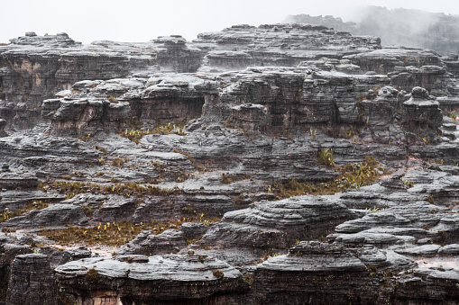 Scenic view of rock formations at Mount Roraima in winter, Roraima, Bolivar State, Venezuela.