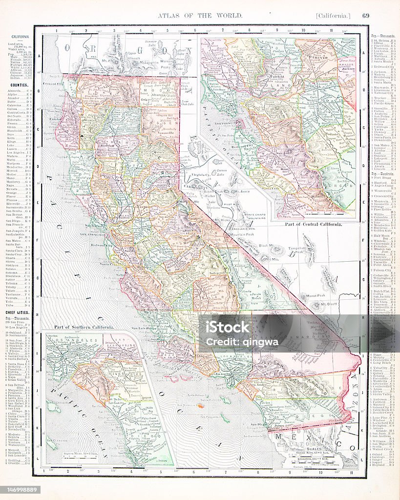 앤틱형 빈티지 색상 맵 of California, USA - 로열티 프리 지도 스톡 일러스트