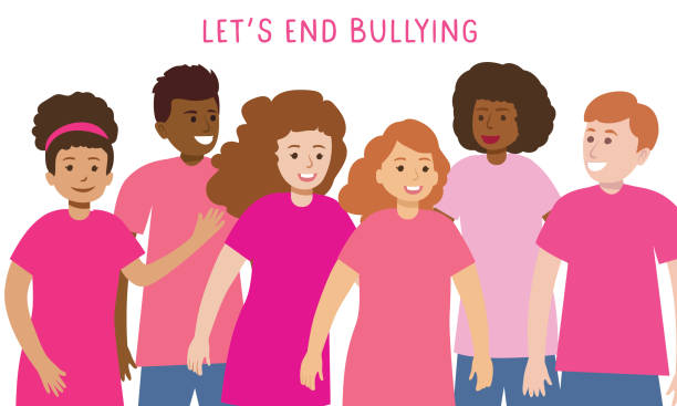 Students Wearing Pink Shirts For Anti-bullying Day - ilustração de arte vetorial