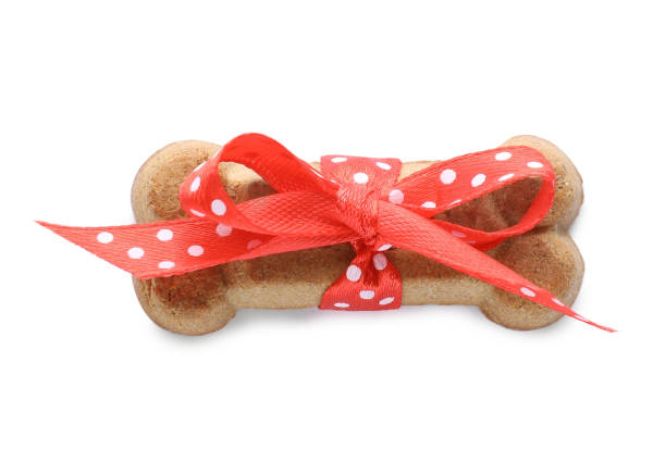 istock Bone shaped dog cookie with red bow isolated on white, top view 1469991700