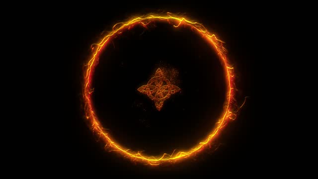 Mystic symbol of incandescent esoteric four-pointed star Celtic knot rotating inside ring of burning blazing fire on black background. Animation for occult and spiritual concepts