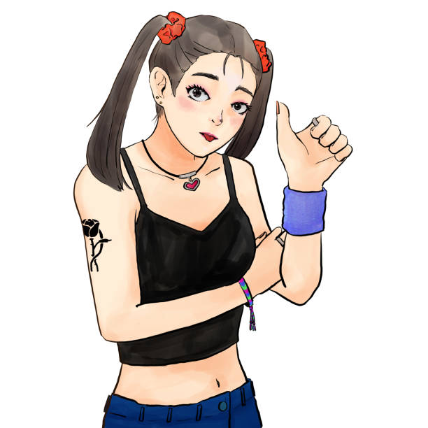 ilustrações de stock, clip art, desenhos animados e ícones de a woman with black hair twintails sticking out her tongue and showing her thumbs up - tattoo japanese culture women asian ethnicity