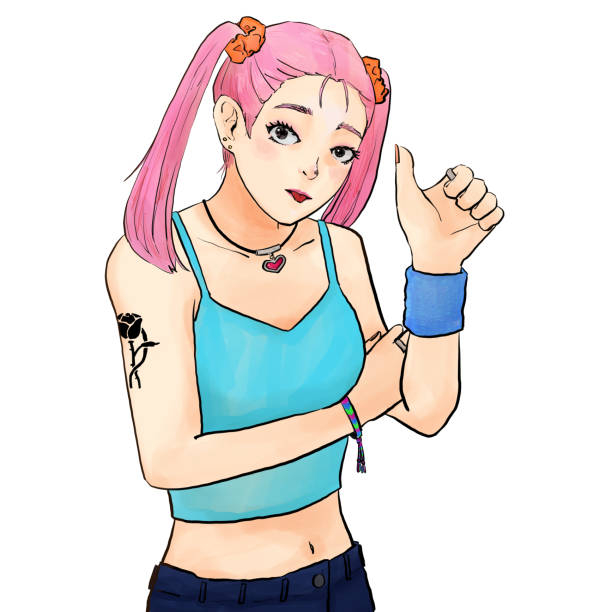 ilustrações de stock, clip art, desenhos animados e ícones de a woman with pink hair twintails sticking out her tongue and showing her thumbs up - tattoo japanese culture women asian ethnicity