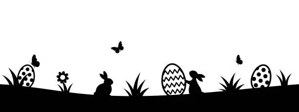 Vector illustration of egg hunt, Easter background, black silhouette of bunnies, easter eggs, butterflies, flowers, panoramic vector illustration, Ostern, Ostermotiv Hintergrund