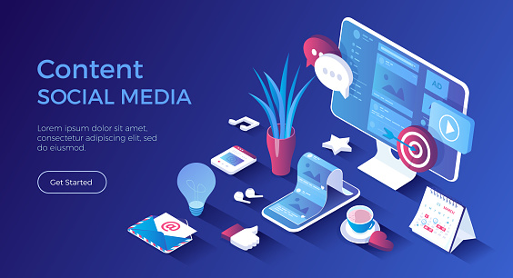 Social Media Content. Marketing strategy to attract users attention. Viral Marketing and Social Media Sharing. Isometric landing page. Vector web banner.
