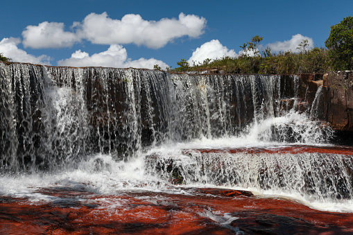 Scenic view of Salto Yuruani waterfall at National Park Canaima, La Gran Sabana, Venezuela.