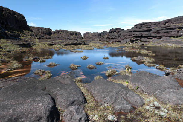 Scenic view of valley surrounded by mountains against sky, Mount Roraima, Roraima, Bolivar State, Venezuela.