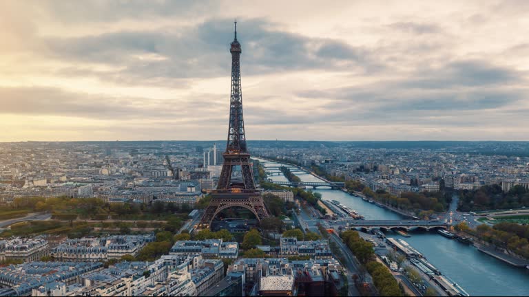 Aerial view Hyper lapse of Eiffel Tower in Paris, France.