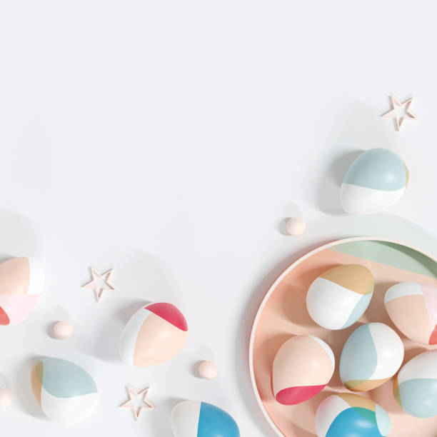 istock Easter traditions. Colorful Easter eggs on white background. top view. copy space. 3D illustration 1469996993