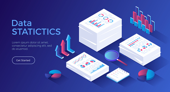 Statistics, document analysis, data collection. Research and information processing. Stacks of documents with graphs, charts, diagrams. Isometric landing page. Vector web banner.