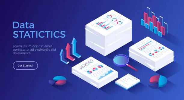 Vector illustration of Statistics, document analysis, data collection. Research and information processing. Stacks of documents with graphs, charts, diagrams. Isometric landing page. Vector web banner.